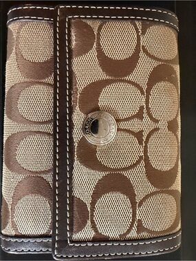 Coach Brown and Tan Signature Canvas Wallet with Silver Logo Button
